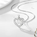 555 angel number heart necklace with polished silver outline and clear CZ stone accents