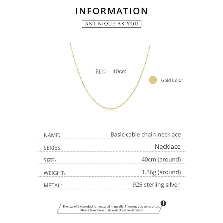 BAMOER Classic Basic O-chain Solid 925 Sterling Silver Lobster Clasp Adjustable Necklace Box Cable Chain DIY Jewelry for Women