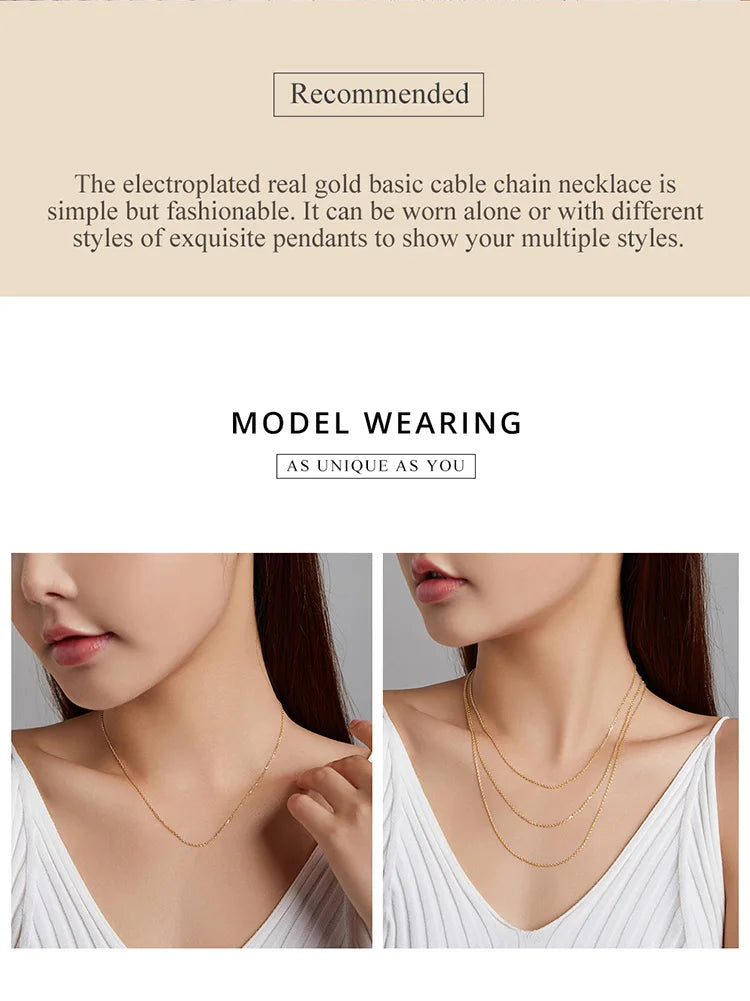 BAMOER Classic Basic O-chain Solid 925 Sterling Silver Lobster Clasp Adjustable Necklace Box Cable Chain DIY Jewelry for Women