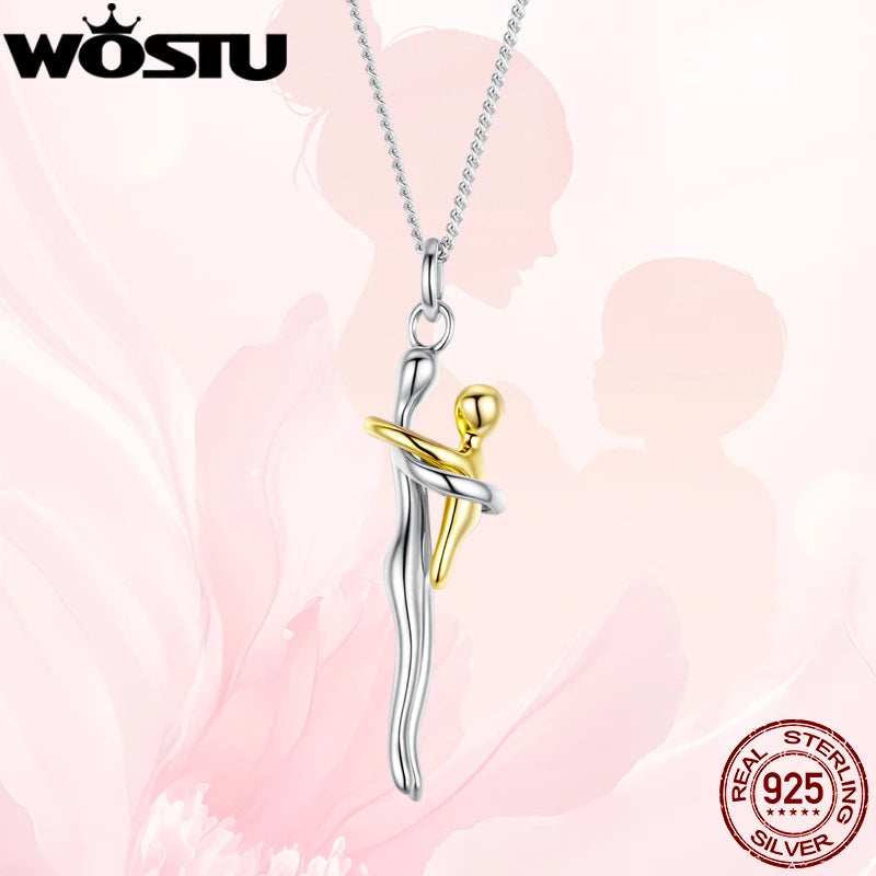 WOSTU Real 925 Sterling Silver Hug Embrace Pendant Necklace, Silver Gold Two-tone Mommy and Me Matching Necklaces Family Gift