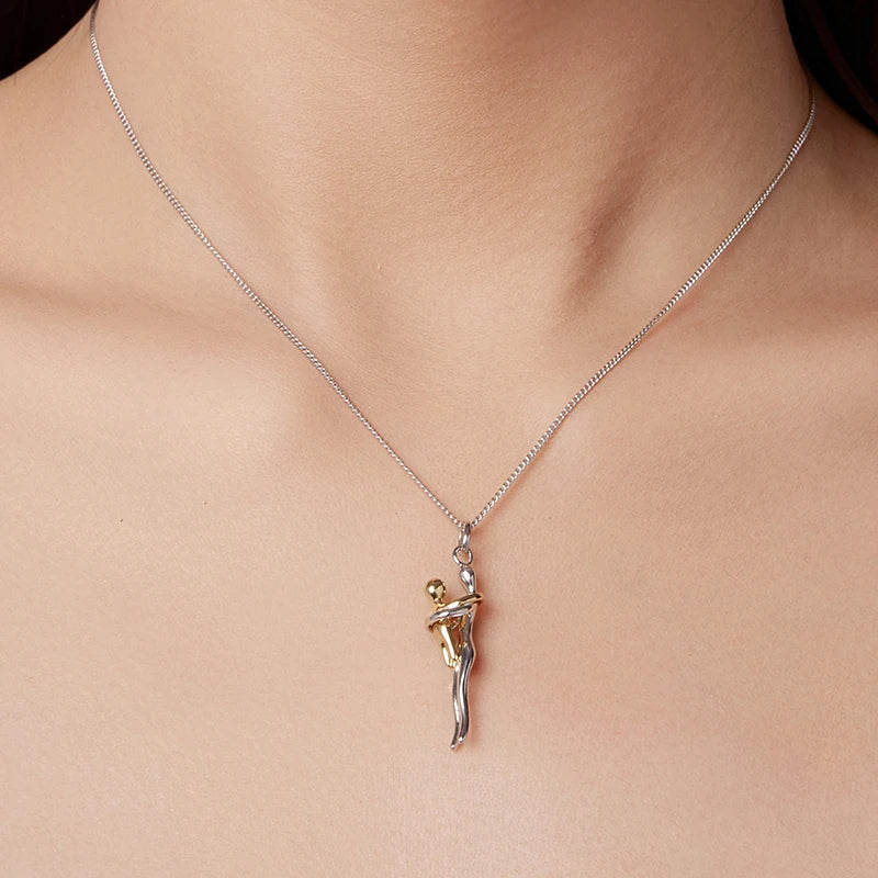 WOSTU Real 925 Sterling Silver Hug Embrace Pendant Necklace, Silver Gold Two-tone Mommy and Me Matching Necklaces Family Gift