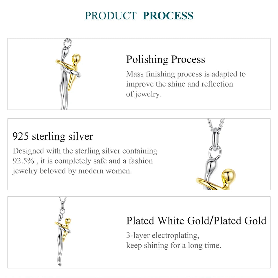 WOSTU Real 925 Sterling Silver Hug Embrace Pendant Necklace, Silver Gold Two-tone Mommy and Me Matching Necklaces Family Gift