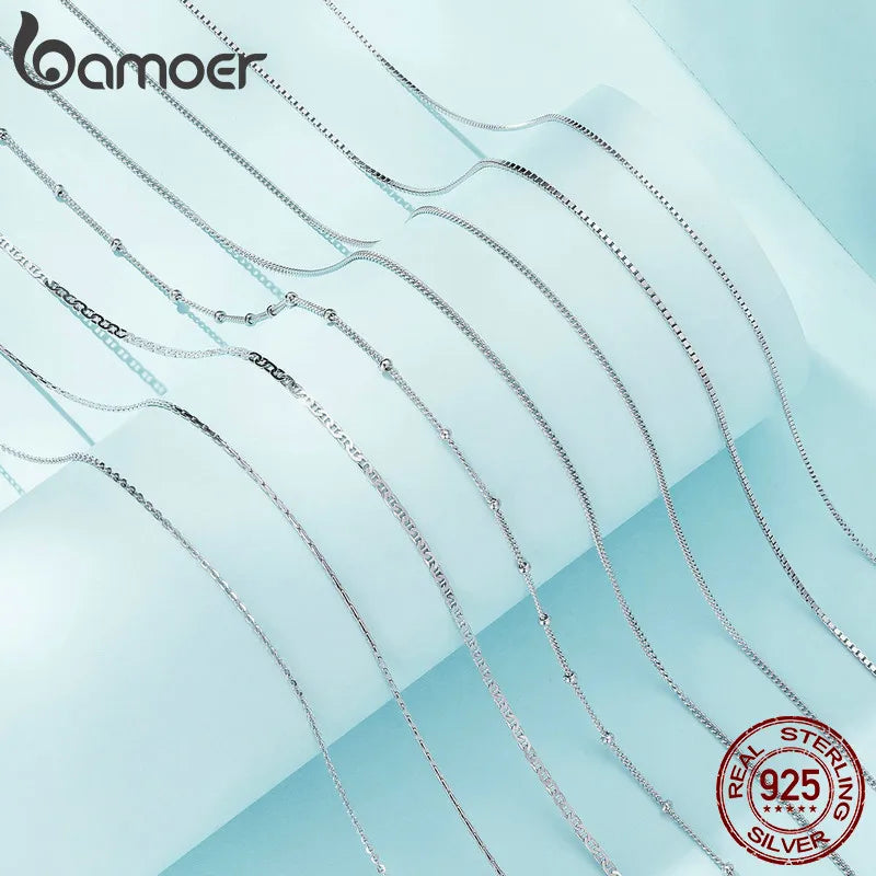 BAMOER Classic Basic O-chain Solid 925 Sterling Silver Lobster Clasp Adjustable Necklace Box Cable Chain DIY Jewelry for Women