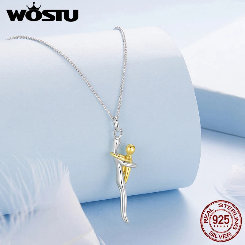 WOSTU Real 925 Sterling Silver Hug Embrace Pendant Necklace, Silver Gold Two-tone Mommy and Me Matching Necklaces Family Gift