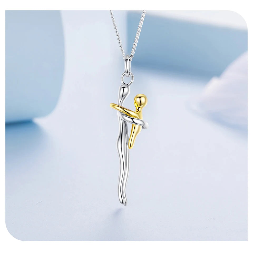 WOSTU Real 925 Sterling Silver Hug Embrace Pendant Necklace, Silver Gold Two-tone Mommy and Me Matching Necklaces Family Gift