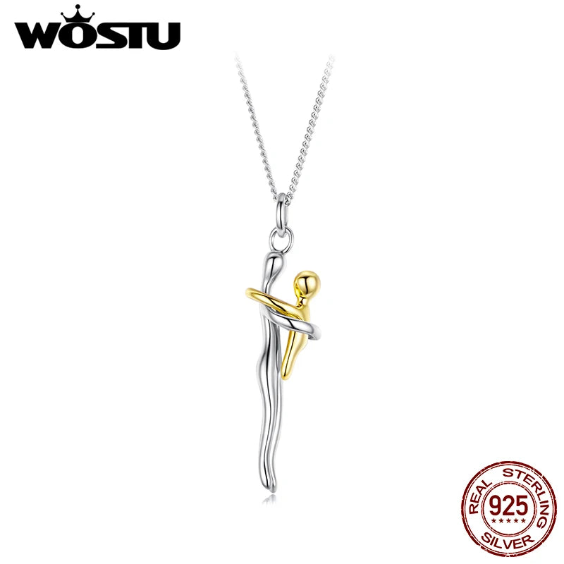 WOSTU Real 925 Sterling Silver Hug Embrace Pendant Necklace, Silver Gold Two-tone Mommy and Me Matching Necklaces Family Gift