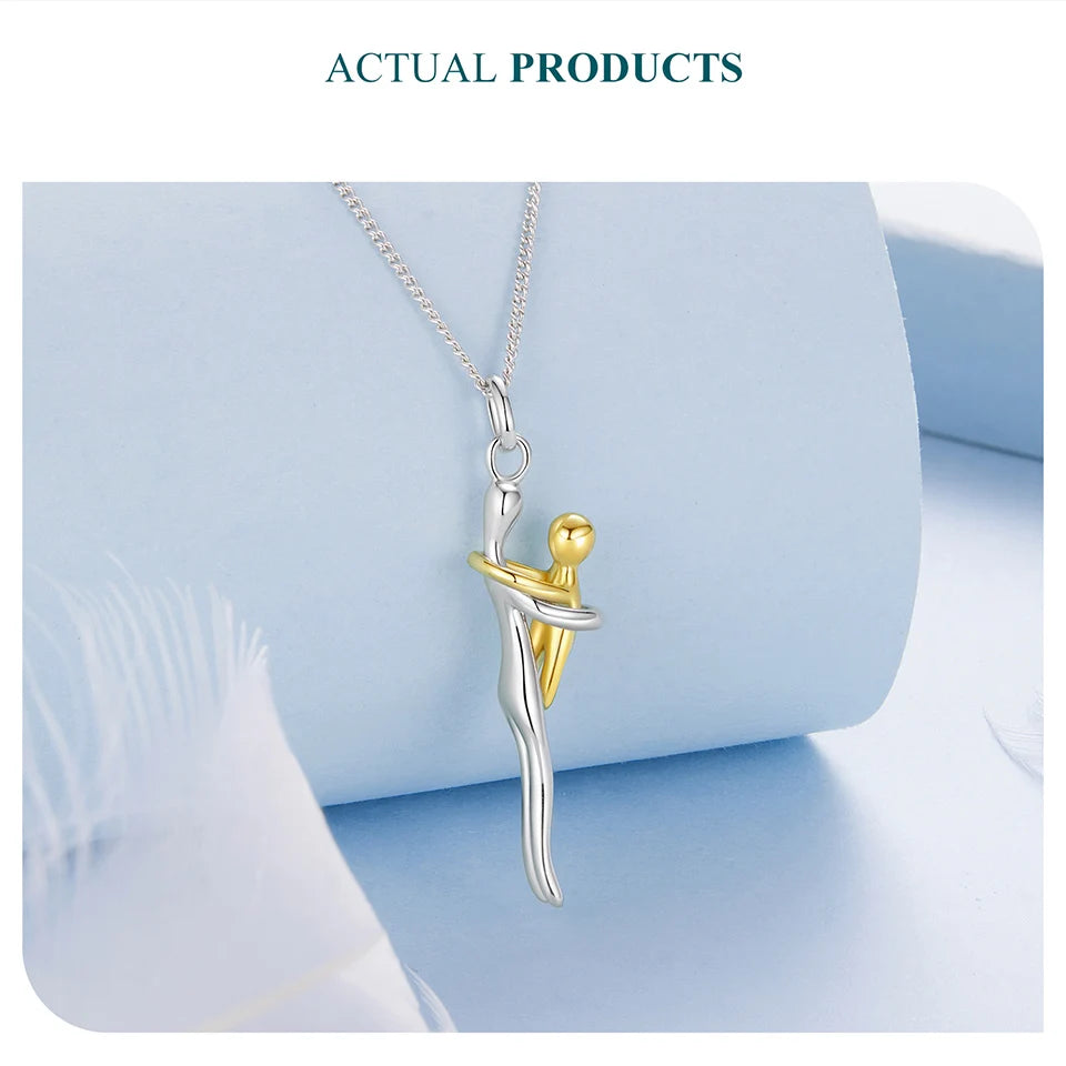 WOSTU Real 925 Sterling Silver Hug Embrace Pendant Necklace, Silver Gold Two-tone Mommy and Me Matching Necklaces Family Gift