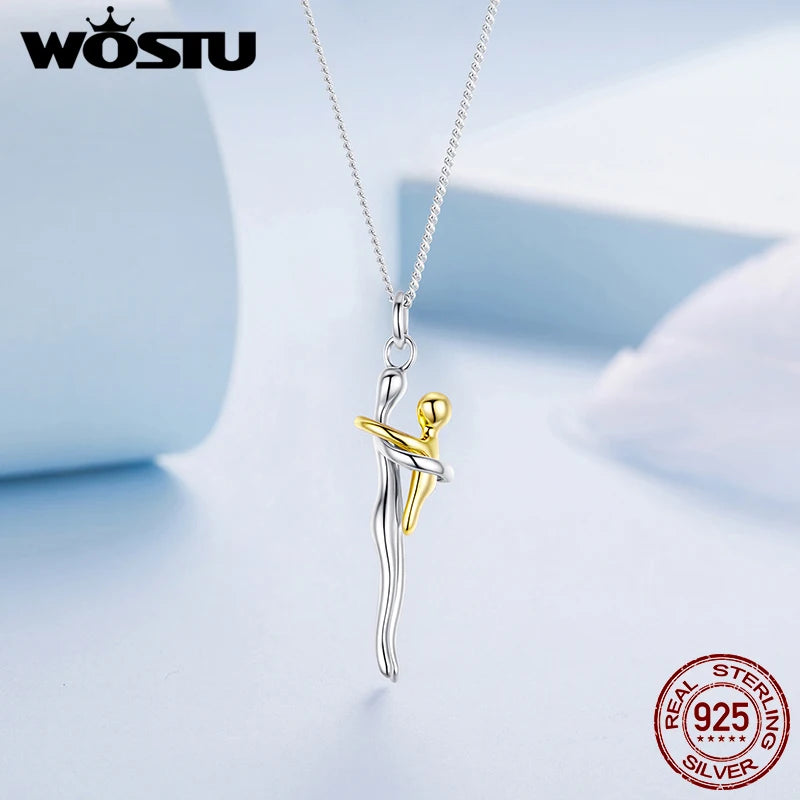 WOSTU Real 925 Sterling Silver Hug Embrace Pendant Necklace, Silver Gold Two-tone Mommy and Me Matching Necklaces Family Gift