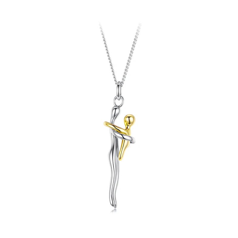 WOSTU Real 925 Sterling Silver Hug Embrace Pendant Necklace, Silver Gold Two-tone Mommy and Me Matching Necklaces Family Gift
