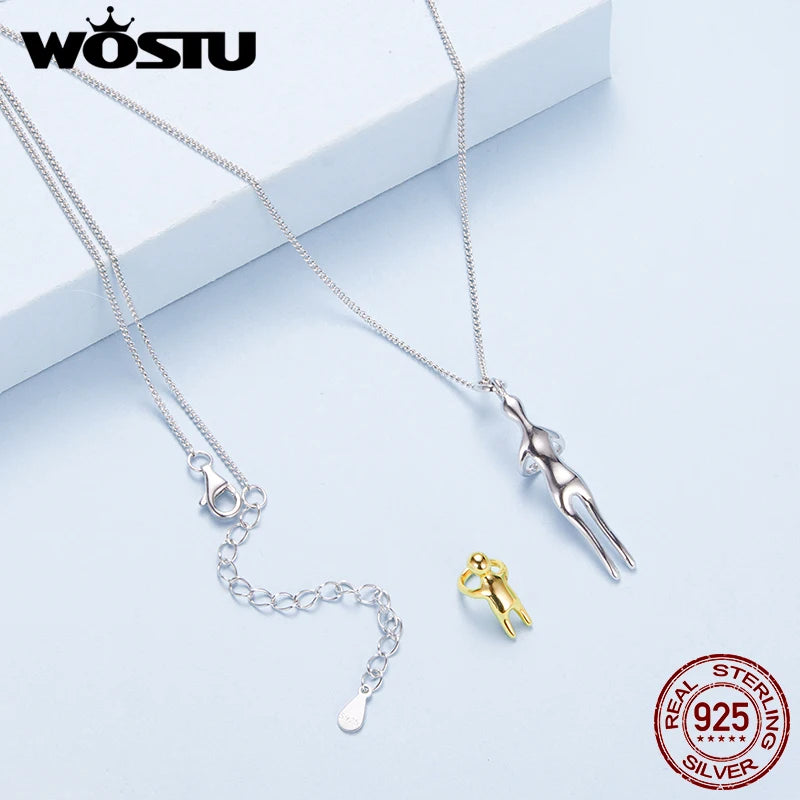 WOSTU Real 925 Sterling Silver Hug Embrace Pendant Necklace, Silver Gold Two-tone Mommy and Me Matching Necklaces Family Gift