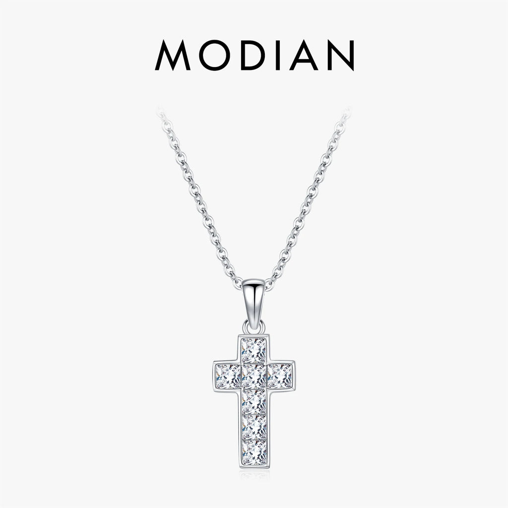 MODIAN 925 Sterling Sliver Sparkling Clear CZ Link Chain Necklace Elegant Cross Pendant Necklace For Women Fine Jewelry