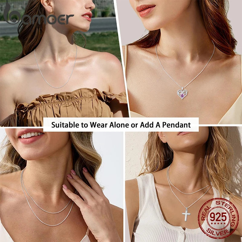 BAMOER Classic Basic O-chain Solid 925 Sterling Silver Lobster Clasp Adjustable Necklace Box Cable Chain DIY Jewelry for Women