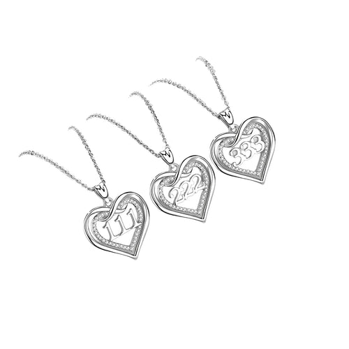 Angel number heart necklaces with 111, 222, and 333 centers and clear CZ stones on a white background