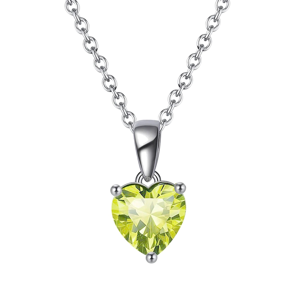 August light green faceted heart pendant necklace on a white background