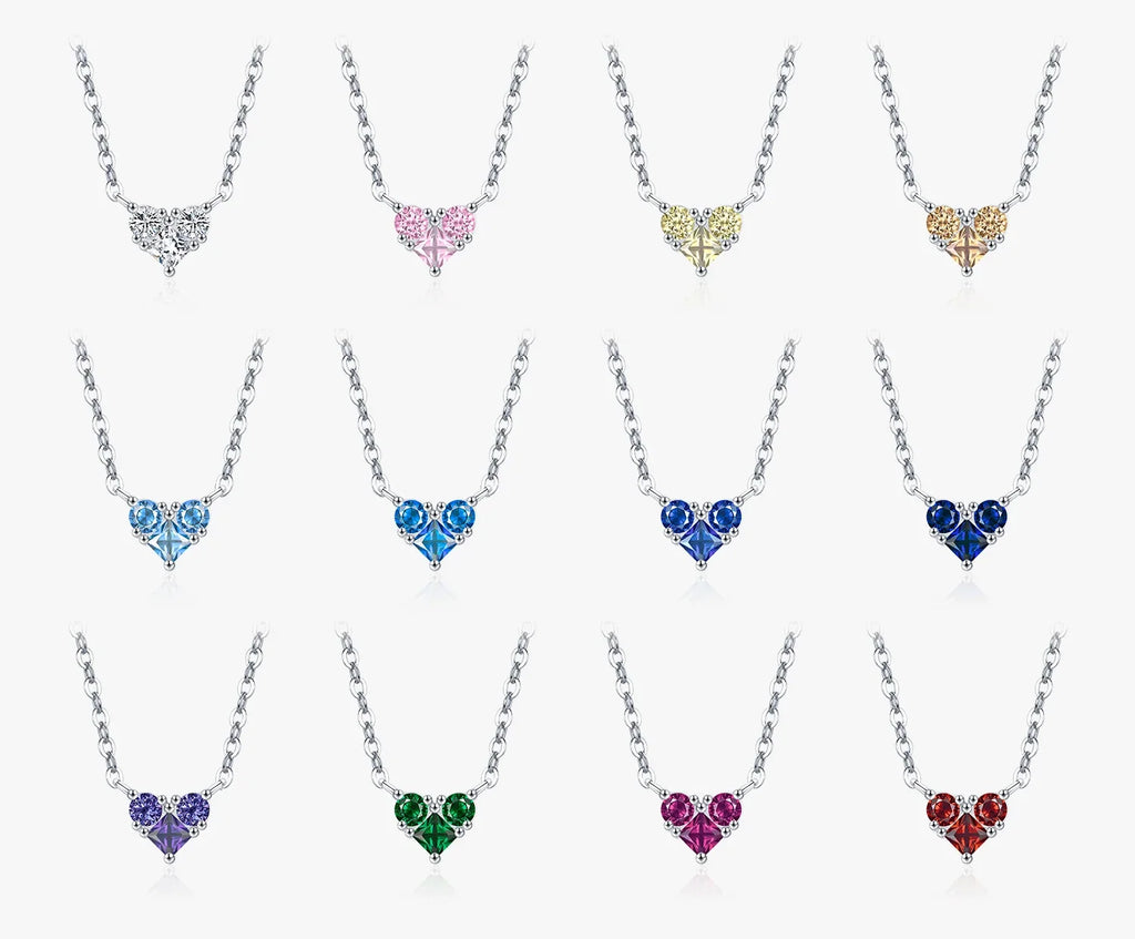 Birthstone heart necklace color assortment with silver chains and faceted heart-shaped CZ stones