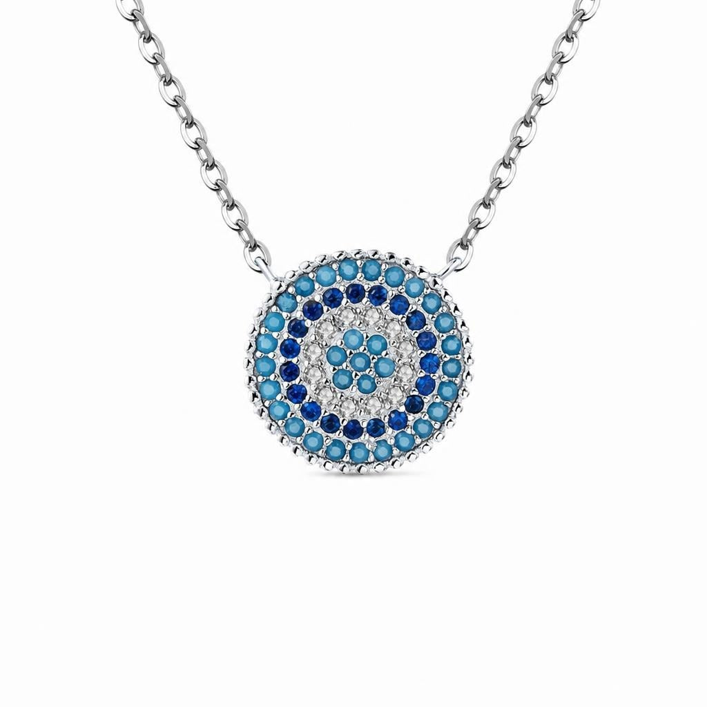 Blue Evil Eye Necklace in 925 Sterling Silver on a plain white background