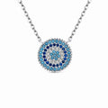 Blue Evil Eye Necklace in 925 Sterling Silver on a plain white background