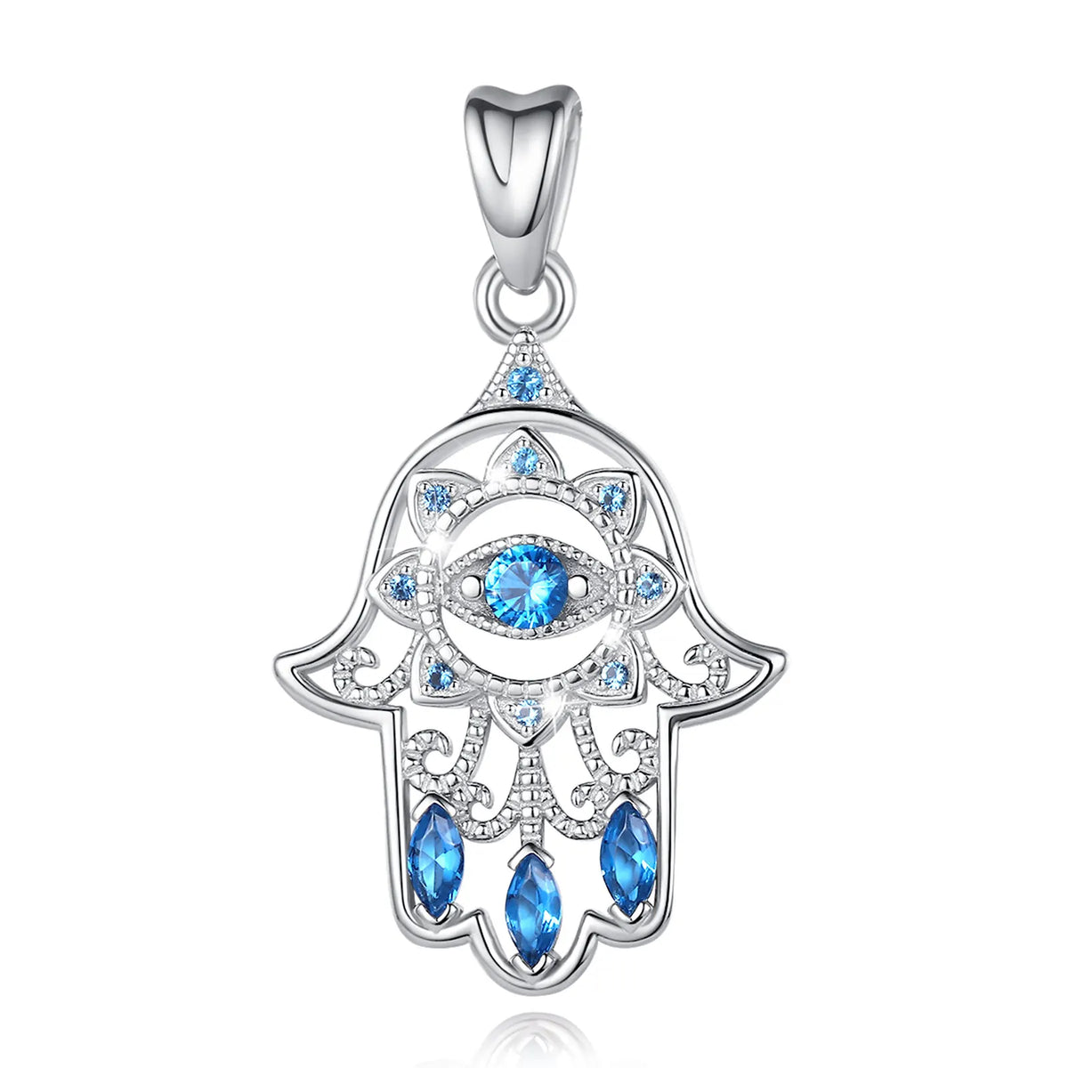 925 sterling silver hamsa hand pendant only on white, detailed with a blue eye and three marquise stones