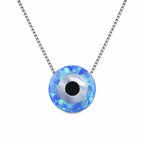 Synthetic Opal Evil Eye Necklace in 925 Sterling Silver with Blue Center on a plain white background