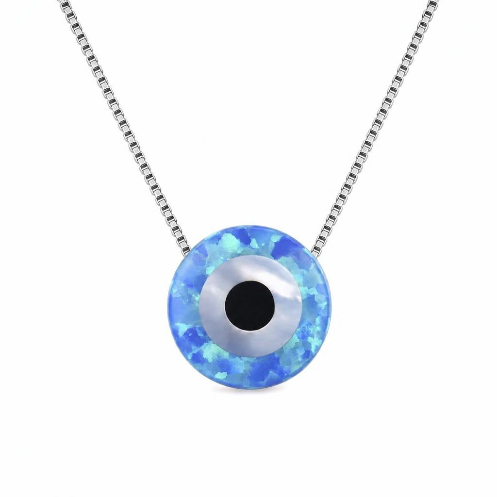 Synthetic Opal Evil Eye Necklace in 925 Sterling Silver with Blue Center on a plain white background