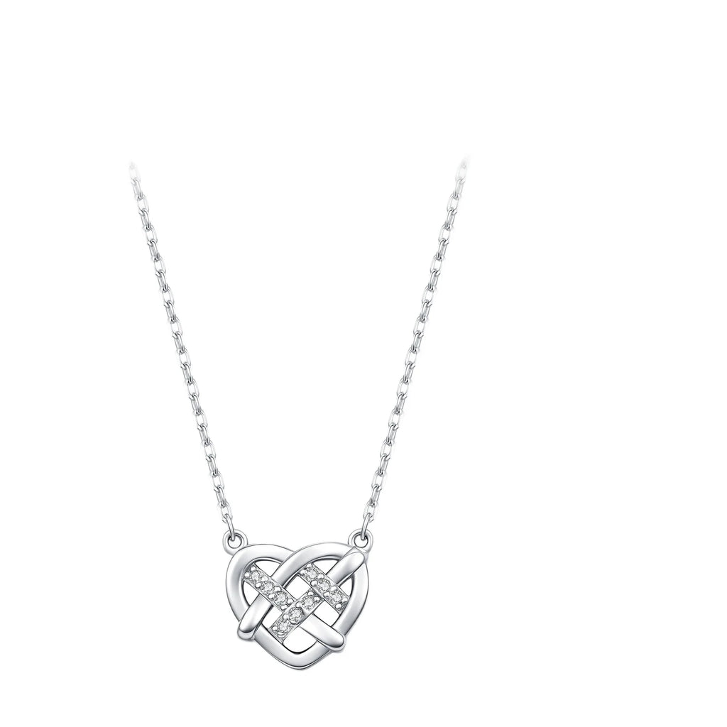 Celtic knot heart necklace in 925 sterling silver with nine moissanite stones on a white background