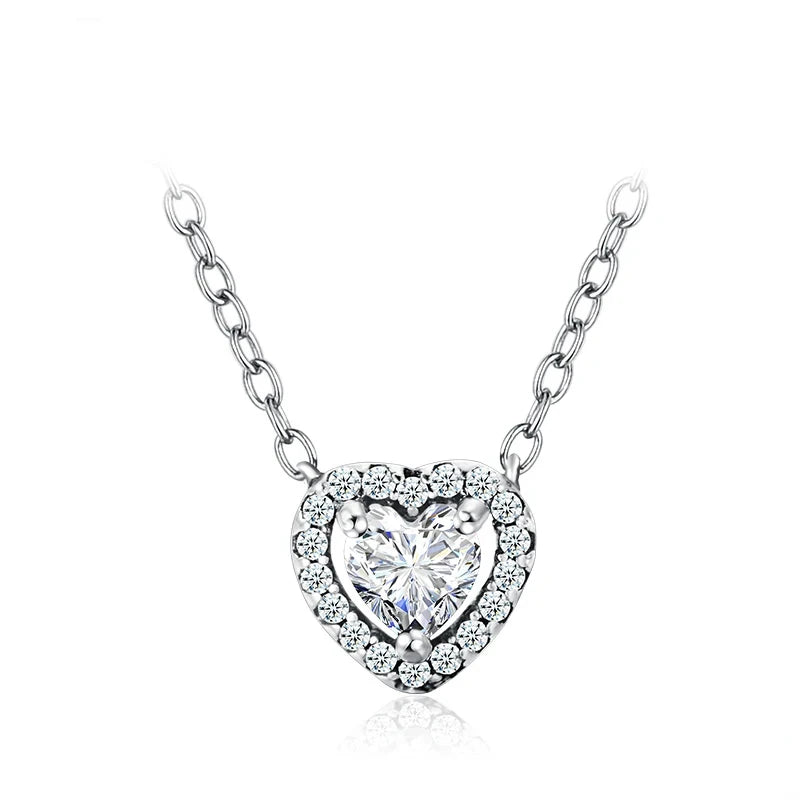 Clear stone heart necklace in 925 sterling silver with a cubic zirconia heart and crystal halo on white