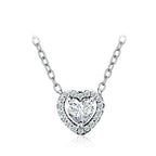 Clear stone heart necklace in 925 sterling silver with a cubic zirconia heart and crystal halo on white