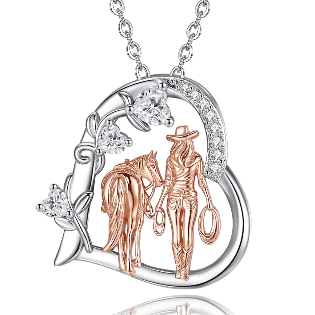 Cowgirl horse necklace in 925 sterling silver with rose-gold-colored rider, horse, lasso and clear CZ hearts