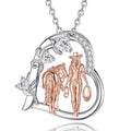 Cowgirl horse necklace in 925 sterling silver with rose-gold-colored rider, horse, lasso and clear CZ hearts