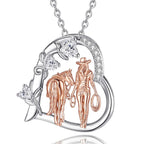 Cowgirl horse necklace in 925 sterling silver with rose-gold-colored rider, horse, lasso and clear CZ hearts
