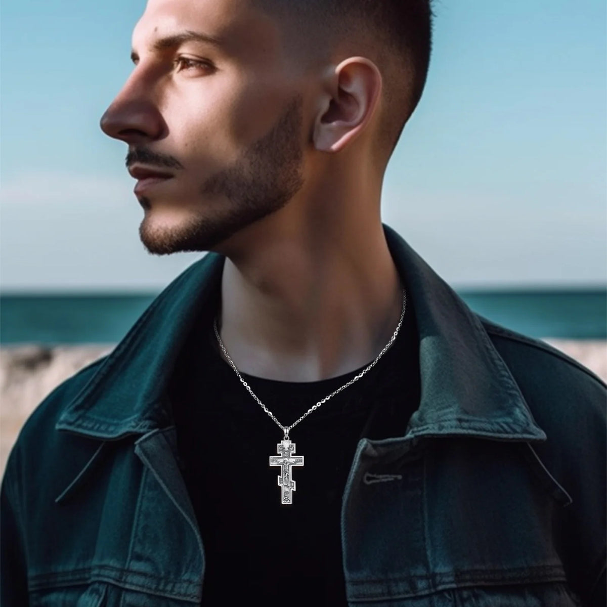 Detailed crucifix necklace worn with a dark shirt and jacket, showing the raised Christ figure