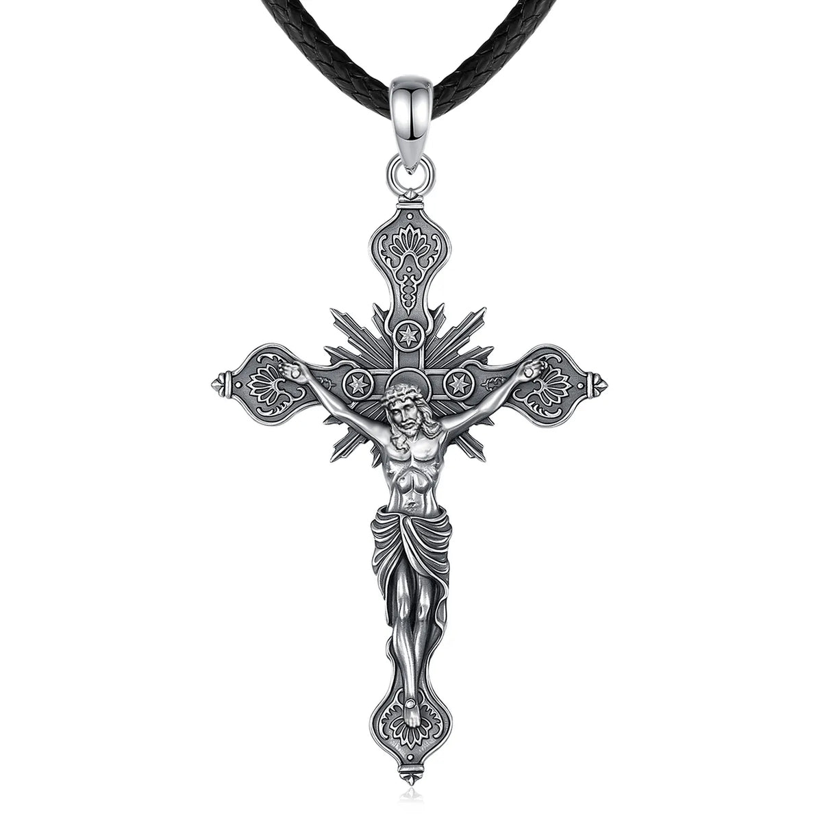 925 sterling silver crucifix pendant on a black braided rope with darkened engraved details