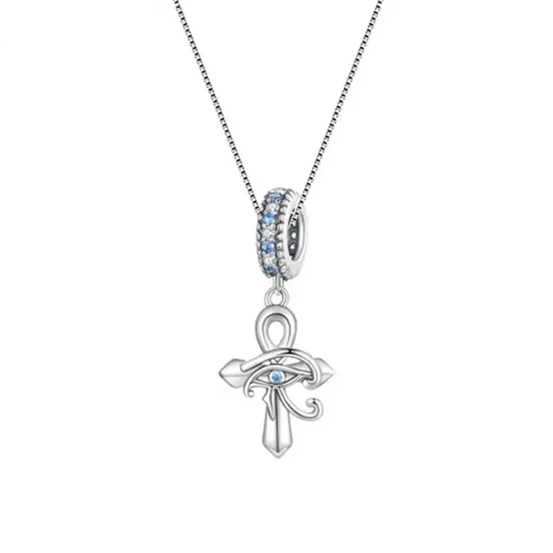 Eye of Horus ankh necklace in 925 sterling silver with blue CZ pupil and stone-set bail on white