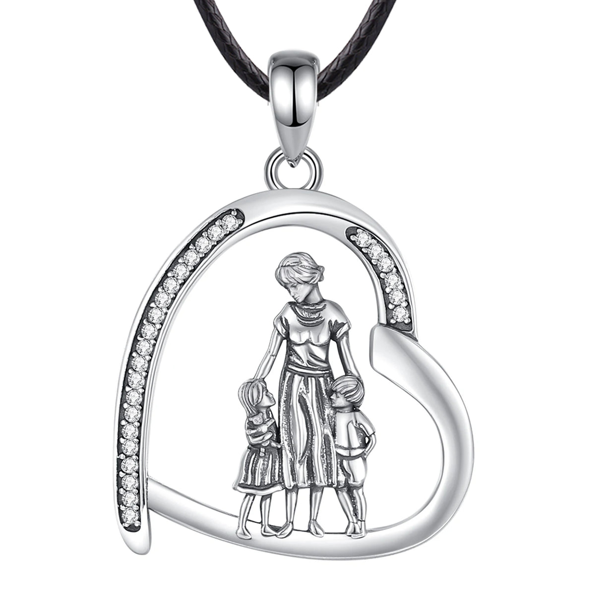 Mother and two children heart pendant shown on a black braided rope necklace
