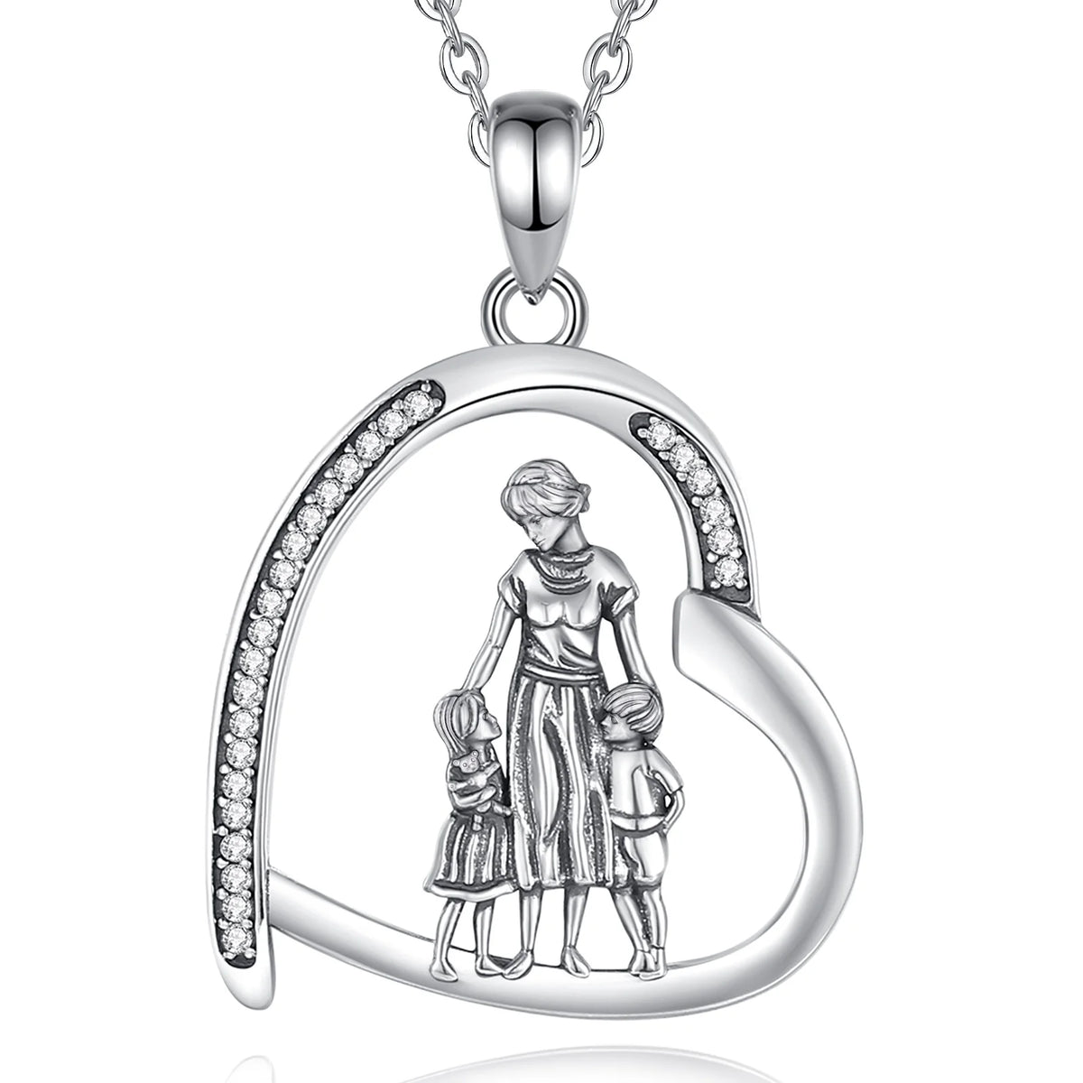 Mother and two children heart pendant suspended from a silver-colored link chain on white