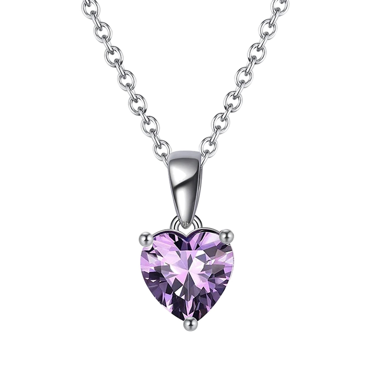 February purple faceted heart pendant necklace on a white background