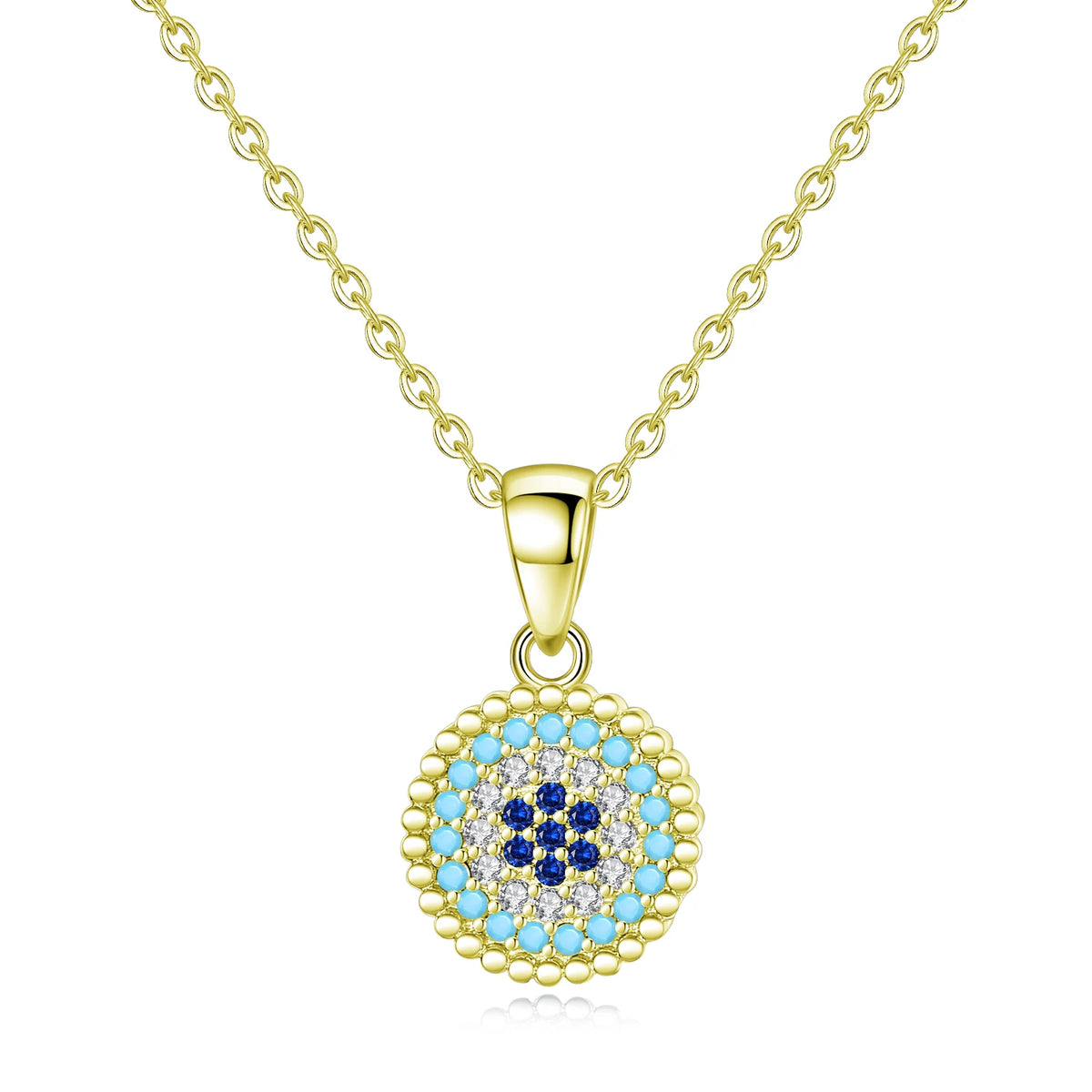 Gold-tone round evil eye necklace with a beaded rim and blue cubic zirconia stone details on white