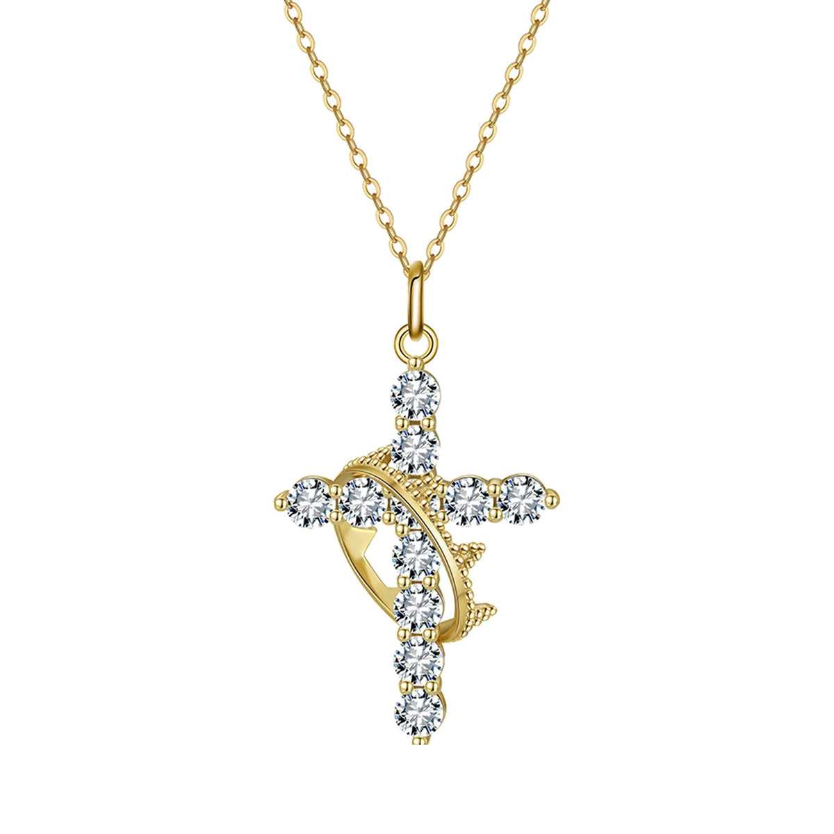 Gold-tone crown of thorns cross necklace with clear cubic zirconia stones on a white background