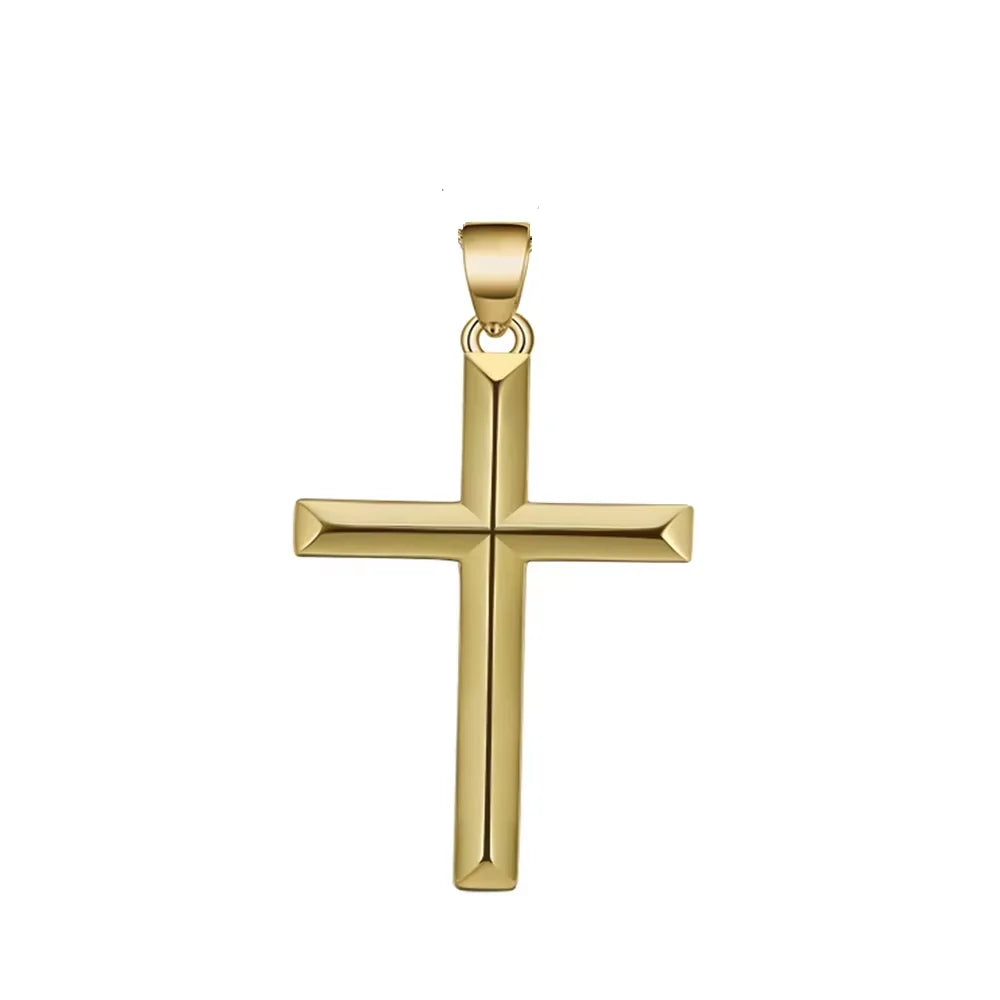 Gold-tone faceted cross pendant with pointed arms on a white background