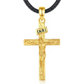 Gold crucifix pendant on a black braided rope with an INRI plaque and raised Jesus figure