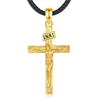 Gold crucifix pendant on a black braided rope with an INRI plaque and raised Jesus figure