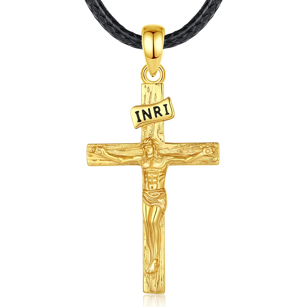 Gold crucifix pendant on a black braided rope with an INRI plaque and raised Jesus figure