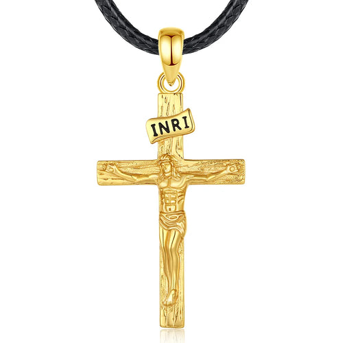 Gold crucifix pendant on a black braided rope with an INRI plaque and raised Jesus figure