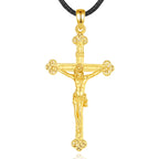 Ornate gold crucifix pendant on a black braided rope, with INRI lettering and raised Jesus figure