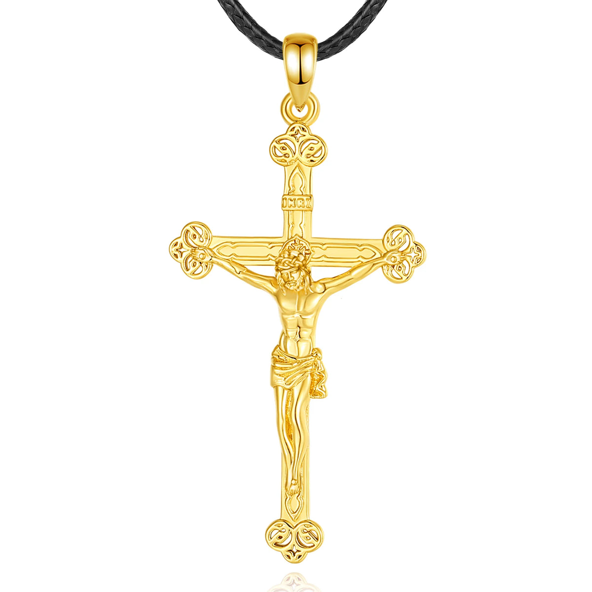 Ornate gold crucifix pendant on a black braided rope, with INRI lettering and raised Jesus figure
