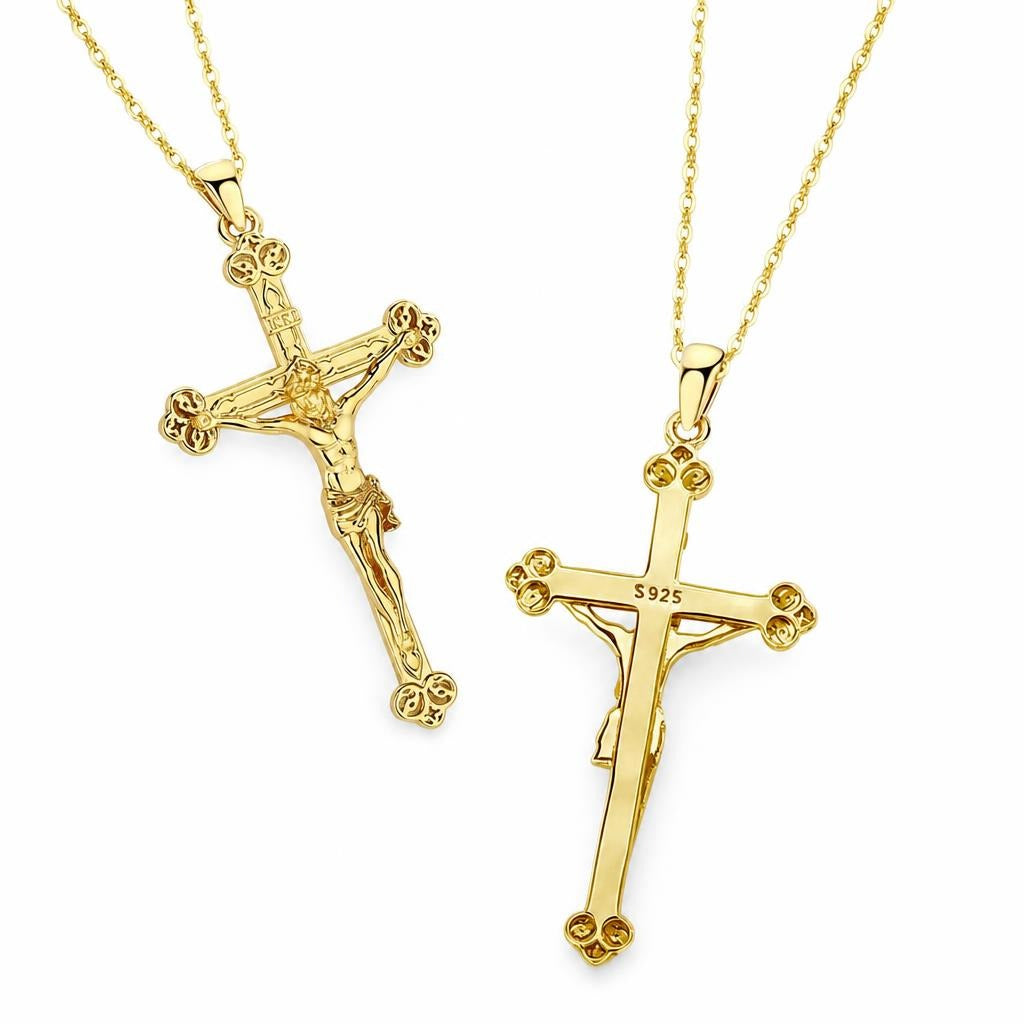 Ornate crucifix necklace in 18K gold-plated sterling silver, showing the front and S925-stamped back