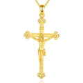 Gold-plated sterling silver crucifix hanging from a gold-colored link chain on a white background