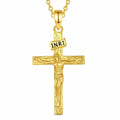 Gold crucifix necklace with INRI plaque and raised Christ figure on a white background