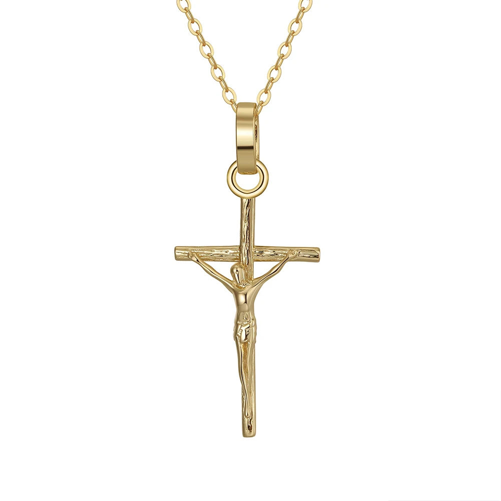 Gold-tone 925 sterling silver crucifix necklace with a detailed Christ figure on a white background