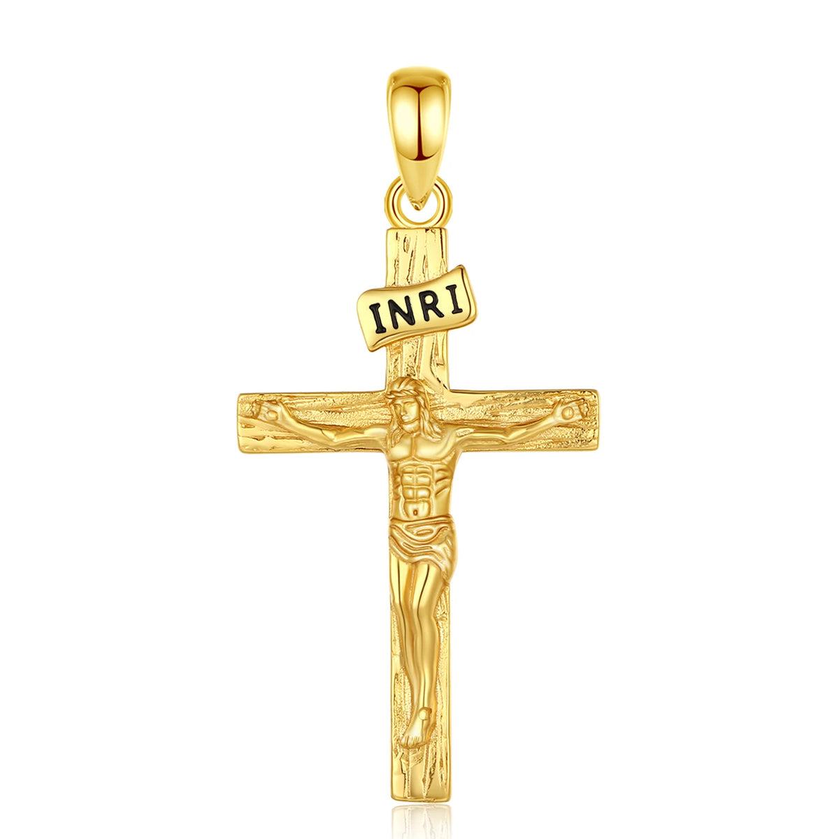 Close-up of the 18K gold-plated crucifix pendant with textured cross and raised Christ figure